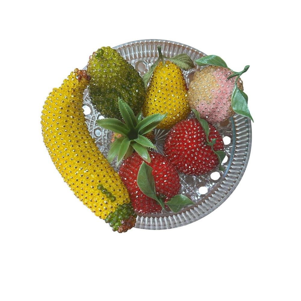 Vintage 1950s Windsor Style Glass Bowl 7 Push Pin Sequined Beaded Faux Fruit